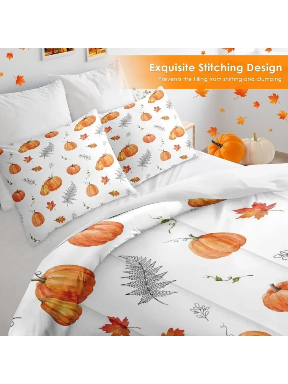 Cozy Queen Fall Comforter Set - 3 Piece Autumn Pumpkin Bedding for Seasonal